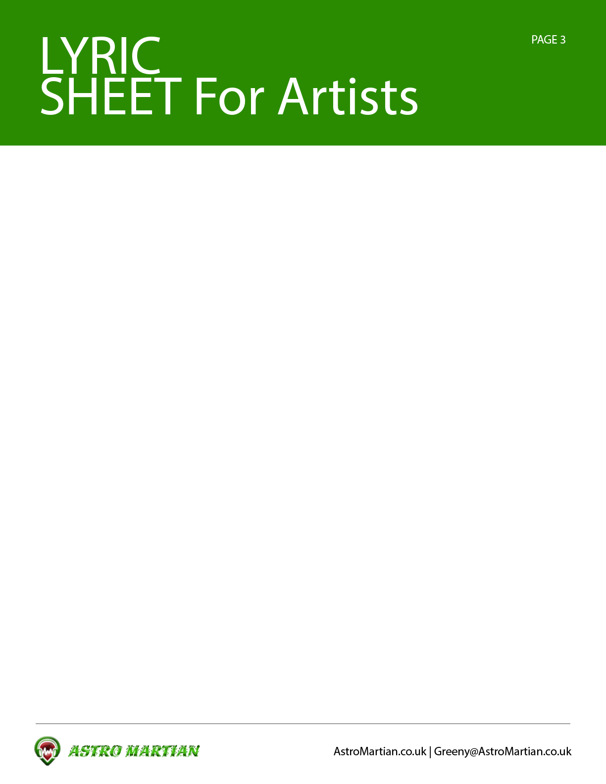 Lyrics sheet for Artists