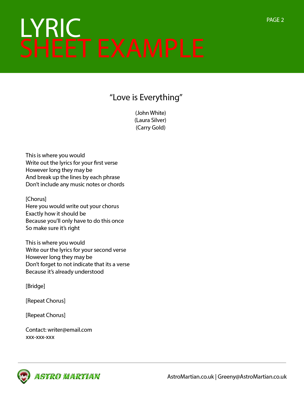 Lyrics sheet for Artists