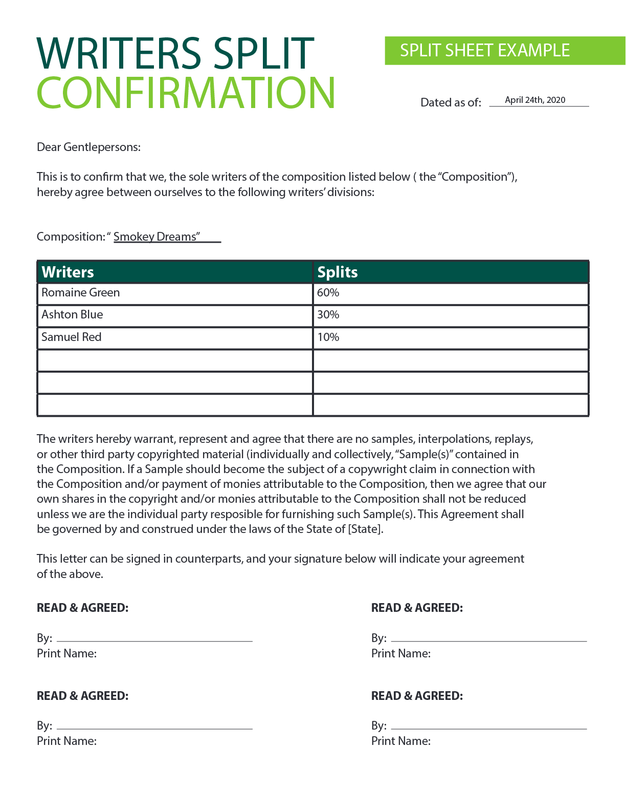 Split Sheet for Writers