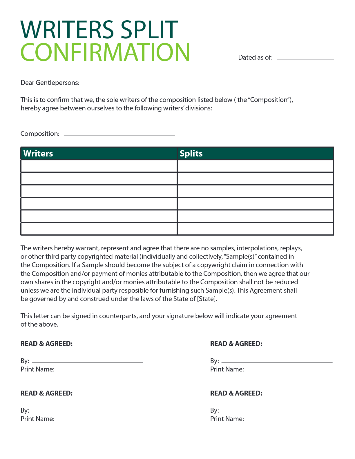 Split Sheet for Writers